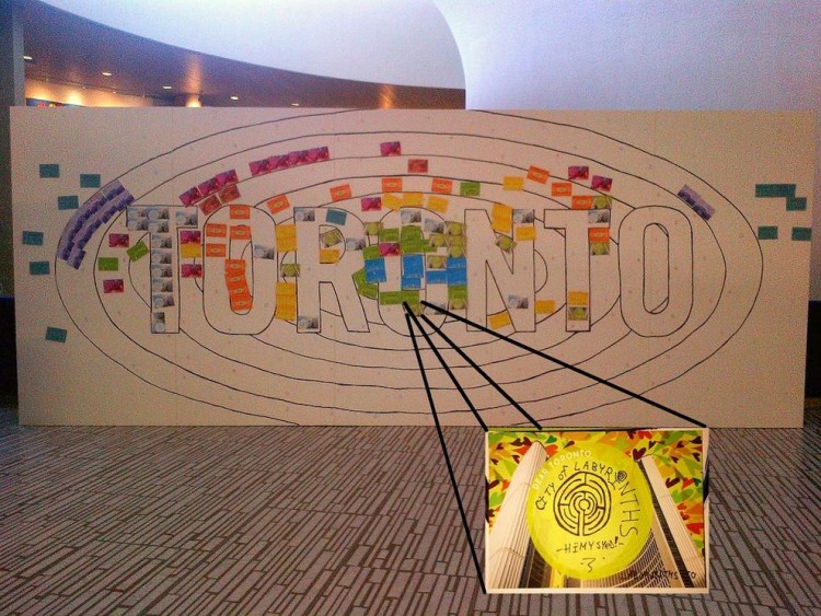 TORONTO HostCity2015 AND also a City of Labyrinths - Giant Postcard Collaborative Collage inside City Hall Rotunda