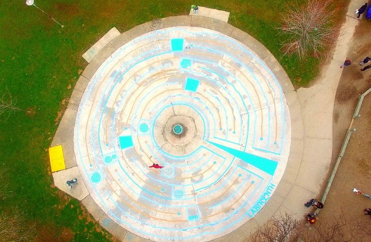 Drone Photograph of HiMY SYeD in Bellevue Square Park Labyrinth in Kensington Market - Toronto City of Labyrinths Project - Saturday April 2 2016